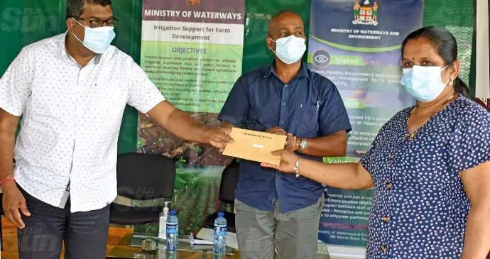 From left: Minister for Agriculture, Waterways and Environment Mahendra Reddy, Permanent Secretary for Agriculture Vinesh Kumar and Keshwari Lata Dayal during the handover at Legalega Research Station in Nadi. Photo: Mereleki Nai