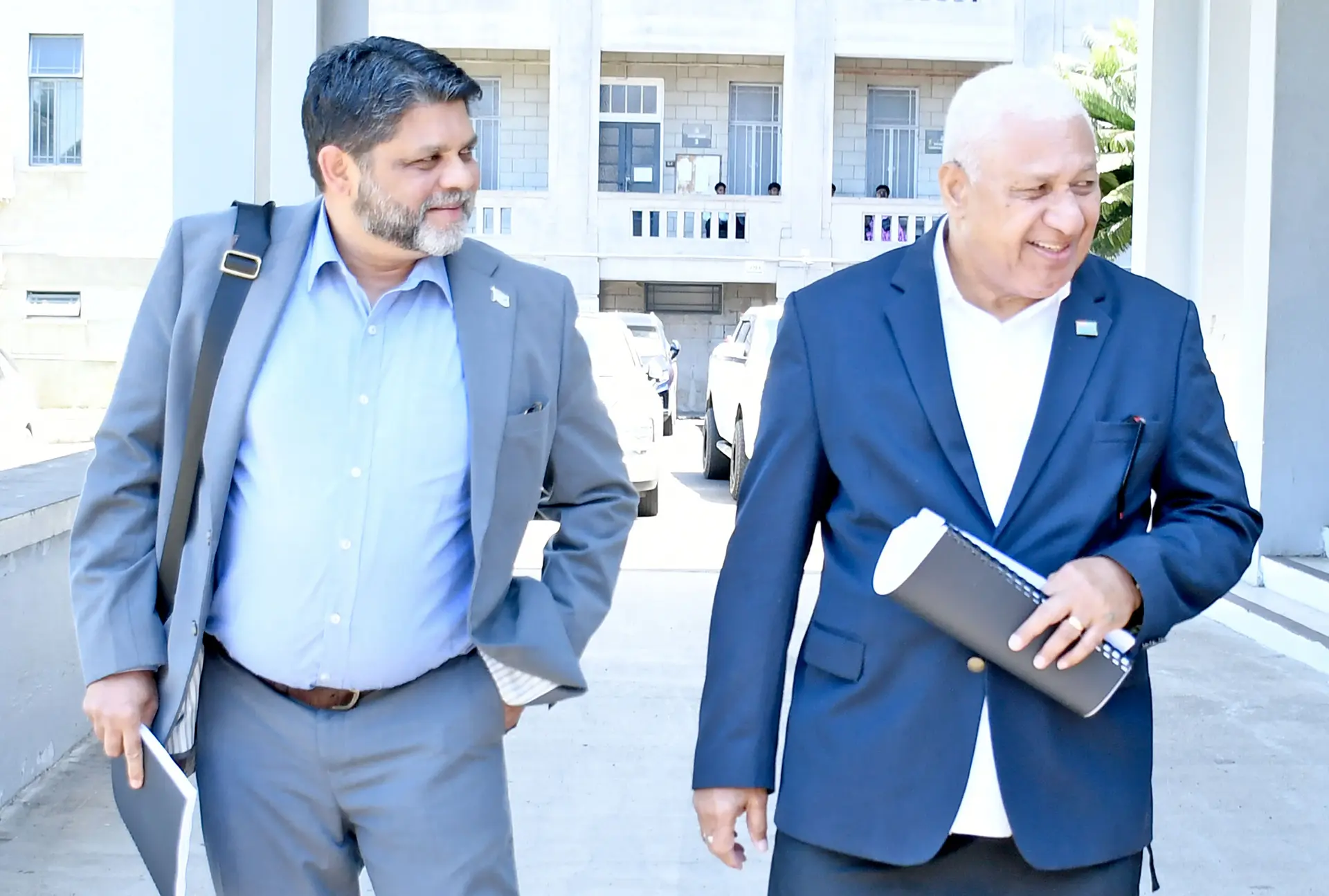 Former Attorney General Aiyaz Sayed-Khaiyum and Former Prime Minister Voreqe Bainimarama outside High Court in Suva on November 10, 2025. P