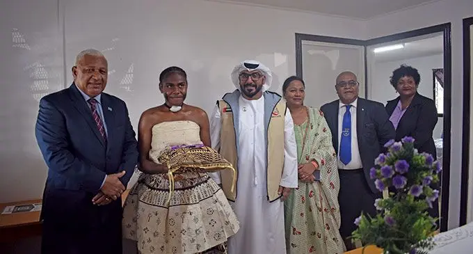 Prime Minister Voreqe Bainimarama with Year 10 student Verenaisi Tasere, Emirates Red Crescent deputy secretary general, Hamoud Aljneibi, Minister for Education, Heritage and Arts, Premila Kumar, school manager, Jacob Pauu and Sigatoka Methodist College principal, Timaima Katonivualiku on June 14, 2022. Photo: Nicolette Chambers