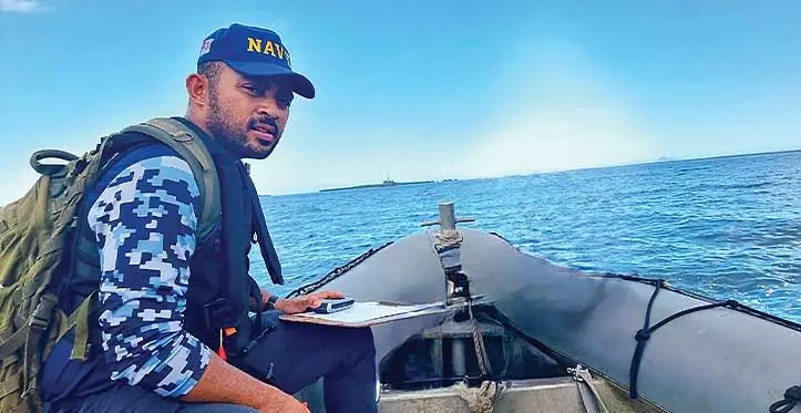 Lieutenant Josaia Moceinasavu Buarua, during an inspection check of boat operators in waters near Macuata Province on November 30, 2023. Photo: Sampras Anand