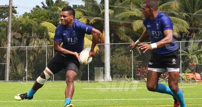 Fiji Airways Fijian 7s rep Napolioni Ratu (with ball) trains with Suliano Volivoli at the Uprising Beach Resort, Deuba on January 9, 2020. Photo: Simione Haravanua