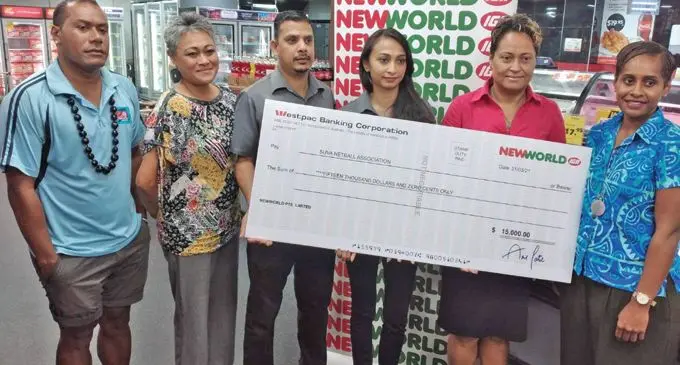 From left: Suva Netball Association secretary Dominiko Tabuaura, Lilly Erasito, NewWorld IGA Damodar City store manager Hirdesh Parhalad, NewWorld IGA area manager Maria Kumar, SNA president Gina Lasaqa, Litia Rabitu at NewWorld IGA store at Damodar City, Suva, on April 7, 2021.