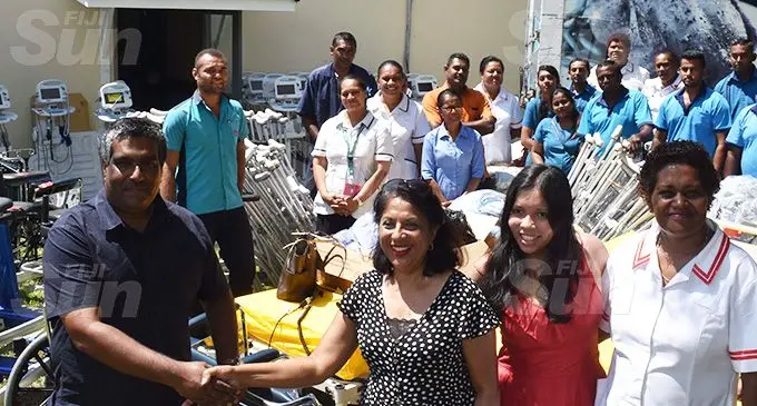 Subdivisional Medical Officer (SDMO ) Nadi, Dr Abdul Shah receives the equipments from Yees ColdStorage Seafood Limited director Doreen Yee in Nadi yesterday. Photo: WAISEA NASOKIA