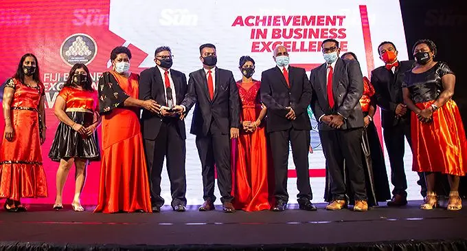 First Lady Filomena Katonivere (third from left) with Sugar Cane Growers Fund chief executive officer, Raj Sharma, during the 2021 President’s Fiji Business Excellence Awards at the Grand Pacific Hotel, on December 10, 2021. Photo: Leon Lord