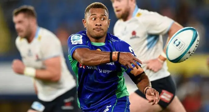 Swire Shipping Fijian Drua first five eight Teti Tela delivers a pass against Waratahs at the Cbus Stadium in Gold Coast, Australia, on April 1, 2022. Photo: Fijian Drua