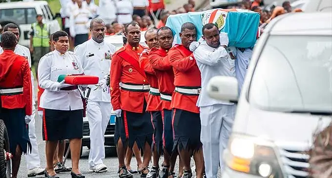 The Republic of Fiji Military Forces pallbearers carry the casket of the late Ambassador, Mosese Tikoitoga, during a military escort along Brown St in Suva on January 11, 2024. Photo: Leon Lord