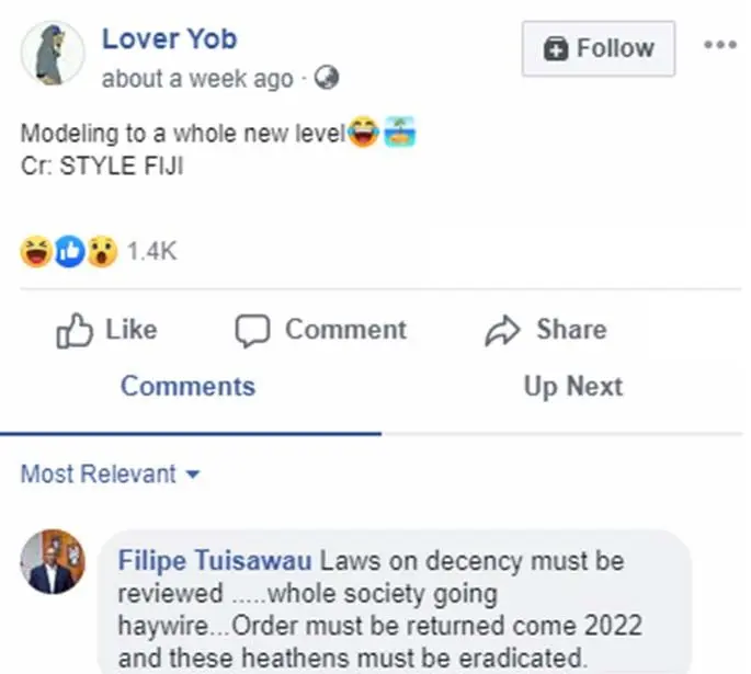 A screenshot comment posted by the president of the SODELPA Ro Filipe Tuisawau.