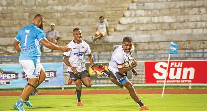 Nadroga’s Kelemede Navucu scores the first try against Suva during the Skipper Provincial Cup clash at the ANZ Stadium, Suva, on April 10, 2021. Photo: Leon Lord
