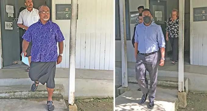 Solo Mara (left), and Umesh Prasad outside the Magistrates Court in Suva on October 12, 2022. Photos: Ashna Kumar
