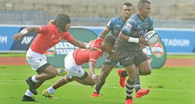 Fiji Shadow playmaker, Kitione Taliga, on the attack against Moala during the Fiji Bitter Marist 7s on March 26, 2021. Photo: Ronald Kumar