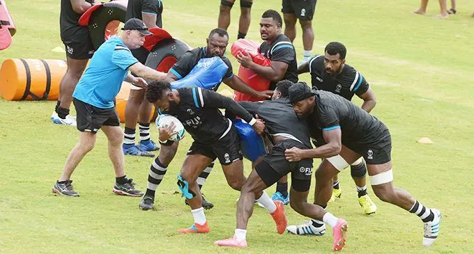 Fiji Airways Flying Fijians scrum coach Alan ‘Grumpy’ Muir (left) during training at Albert Park, Suva on August 19, 2019. Photo: Ronald Kumar