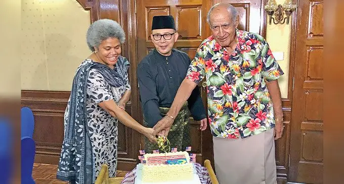 From left: Assistant Minister for Foreign Affairs Lenora Qereqeretabua, High Commissioner of Malaysia to Fiji Nor’Azam Mohd Idrus and Ratu Epeli Nailatikau during the celebration of the 67th National Day and 61st Malaysia Day at the Malaysia High Commissioner’s Residence in Tamavua on September 18, 2024. Photo: Viliame Tawanakoro