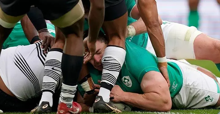 Ireland’s back rower Nick Timoney scores a try from a rolling maul against the Flying Fijians at the Aviva Stadium in Dublin, last November. Photo: World Rugby