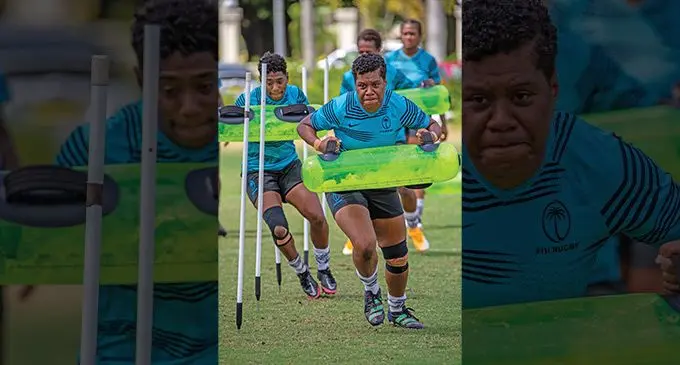 Rooster Chicken Fijiana XVs No.8 and captain Sereima Leweniqila leads the charge during training with Ana Maria Naimasi behind her at Albert Park, Suva, on September 20, 2022. Photo: Leon Lord