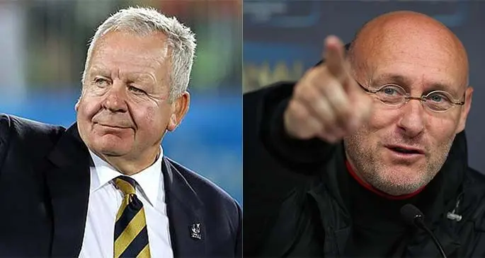 Re-elected World Rugby chairman Sir Bill Beaumont and World Rugby vice-chairman Bernard Larpote.