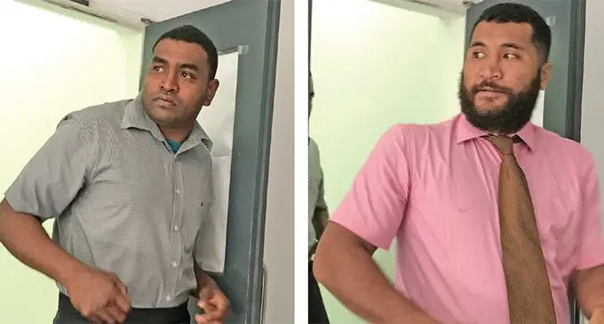 From left: Ratu Selema Steven Dennis Tikoenaburevere and Kelepi Duri Tautaumacala Kolinisau outside the High Court in Suva. Photo: Ashna Kumar