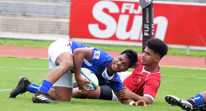A disappointed Larry Mitivao of Samoa A after his try was disallowed by referee Tasuku Kawahara against Tonga A during World Rugby Pacific Challenge at the ANZ Stadium, Suva on March 12, 2019. Tonga A won 13-12.Photo: Ronald Kumar