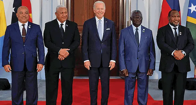 From left: David W. Panuelo President of the Federated States of Micronesia, Former prime minister Voreqe Bainimarama, United States President Joe Biden, Prime Minister of the Solomon Islands Manasseh Sogavare and Papua New Guinea Prime Minister James Marape. Photo: ABC NEW