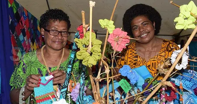 From left: Sereana Duraqa and Adi Lolo Marayawa with some of their handicraft on sale during the Open Market Day at Ratu Sukuna Park on August 7, 2020. Photo: Ronald Kumar