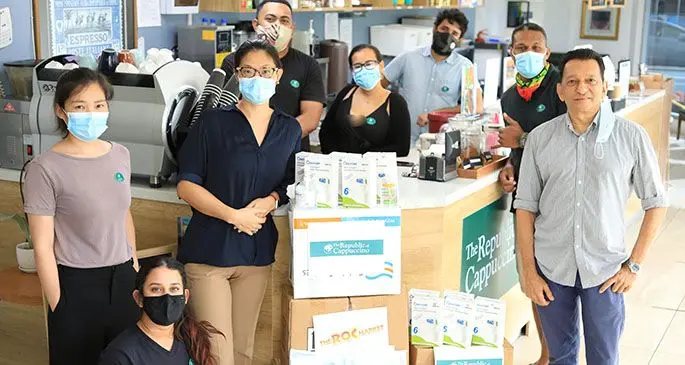 Team from Republic of Cappuccino with the Personal Protective Equipment (PPEs) which they have gathered as support for Fiji’s frontline workers.