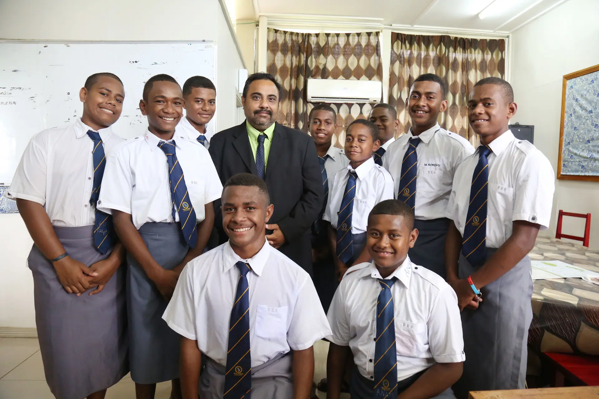 WELCOME AT RKS... Acting Principal of Ratu Kadavulevu School (RKS) Arvind Prasad with some of the students at his office in Lodoni, Tailevu, on January 15, 2020. Photo: Kelera Sovasiga