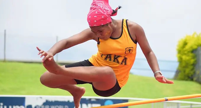 Karalaini Marama fails to clear the bar during Dilkusha Methodist High School inter-house competition junior-girls high jump finalat National Stadium.  Photo:  Ronald Kumar. 