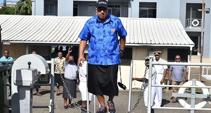 Prime Minister Voreqe Bainimarama boarding the RFNS Kacau at the Republic of Fiji Navy headquarters in Walu Bay Suva on May 4 2020. Photo: Office of the Prime Minister