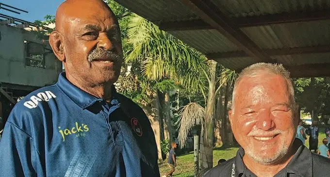 Former national rugby flanker Ilami Lutumailagi (left), with former Nadroga Rugby Union president and hotelier Andrew Thomson in Nadi on April 12, 2021.  Photo: Waisea Nasokia