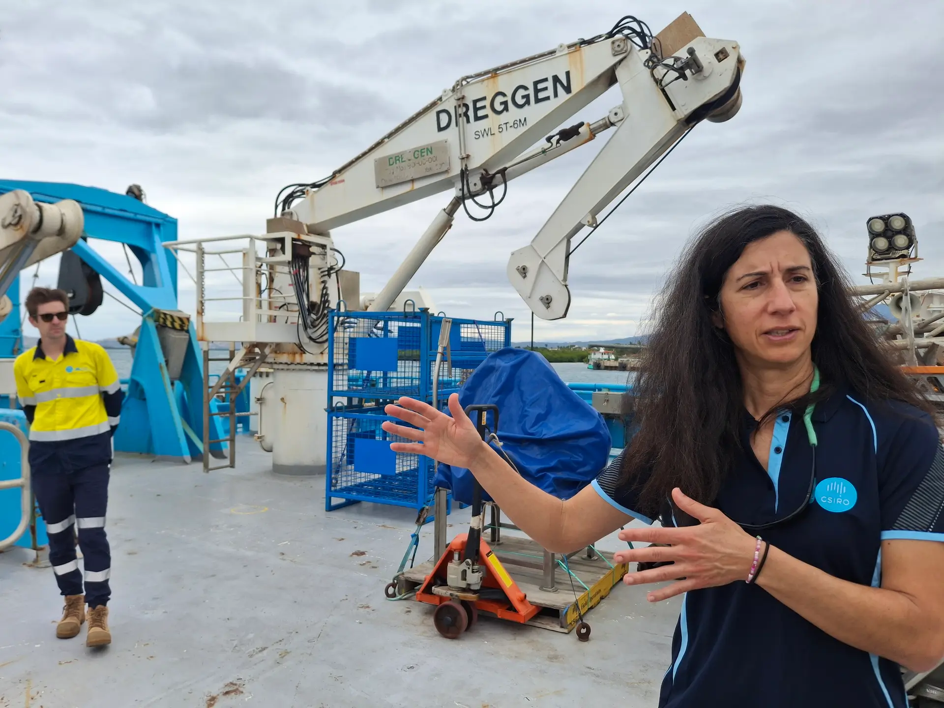 Physical oceanographer and climate scientist Dr Beatriz Peña-Molino with marine ecologist Dr Ben Arthur aboard their research vessel at Lautoka Wharf.