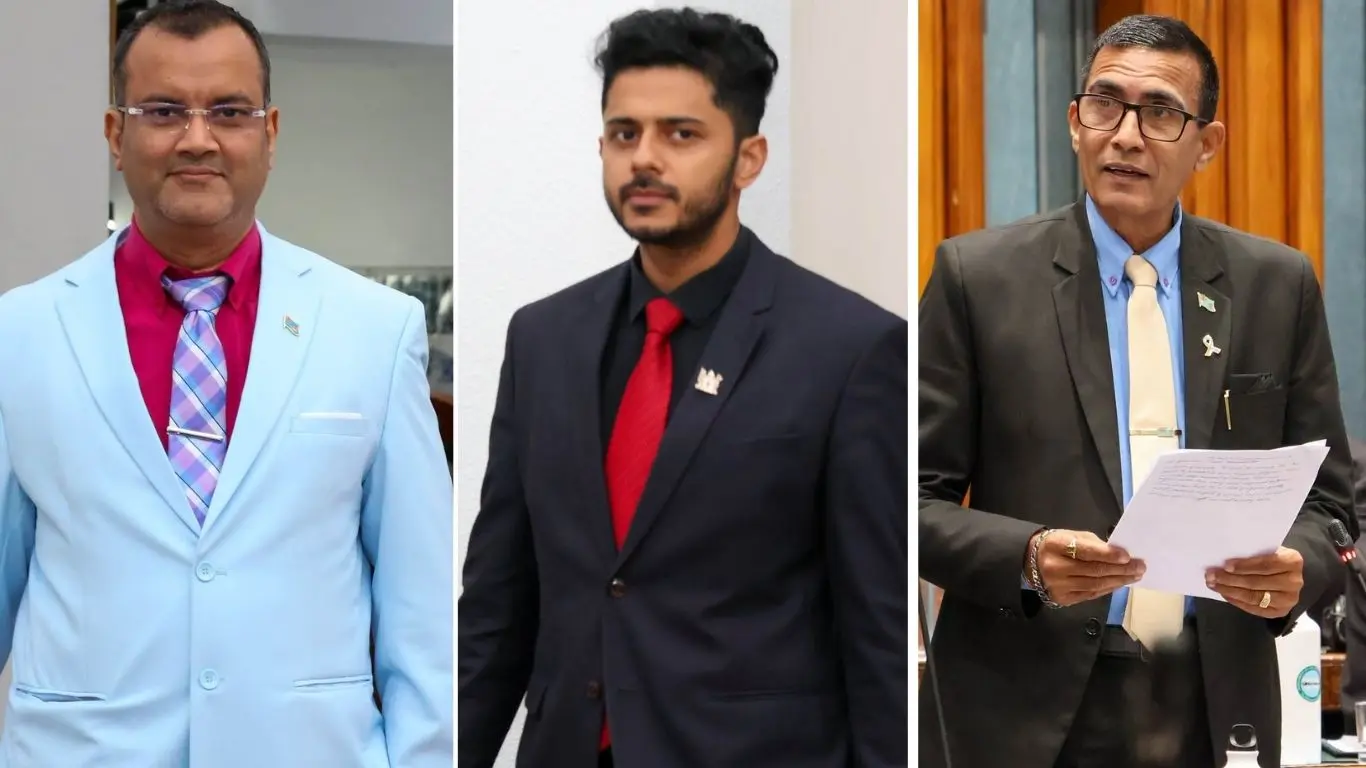 From left: Opposition MPs Alvick Maharaj, Rinesh Sharma and Hem Chand.