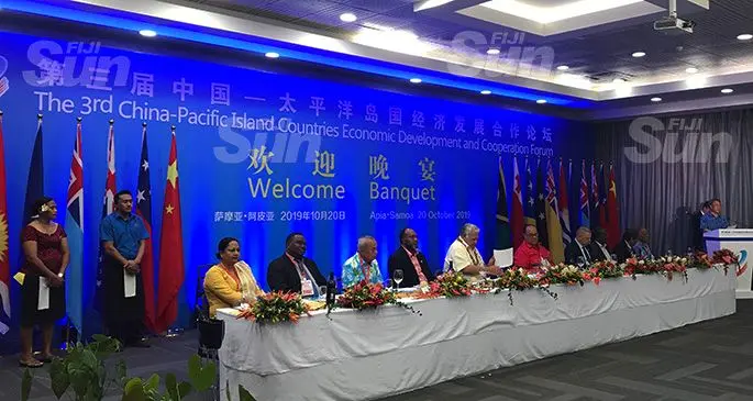 Hu Chunhua, Vice Premier of China (right), speaks at the Taumeasina Island Resort in Apia last night. Head of the Fijian Delegation Premila Kumar is at left on the top table Photo: Maraia Vula
