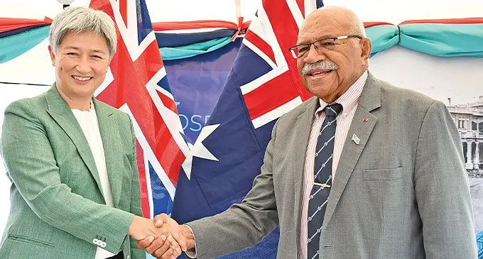Deal sealed...Australian Minister for Foreign Affairs Penny Wong shakes hands with Prime Minister Sitiveni Rabuka in Suva on August 8, 2024. Photo: Ronald Kumar