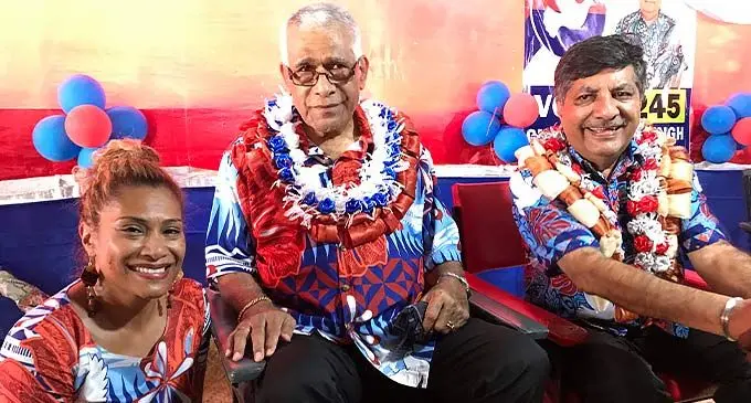 From left: People’s Alliance candidates, Lynda Tabua, Ratu Naiqama Lalabalavu, Charan Jeath Singh during their Northern Rally in Labasa on December 3, 2022. Photo: Shratika Naidu