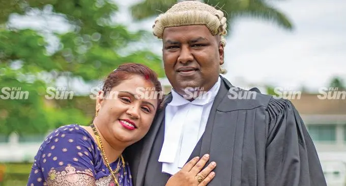 Newly sworn in legal practitoner Ravi Narayan with his wife Rajini Lata in Suva on 18 March 2022. Photo: Leon Lord