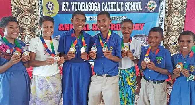 From left: Repeka Koroi, Ester Natoni, Veronika Rabuliwaisavu, Sakapo Lekileki, Rufina Digadai, Solomone Togoaciri and Grace Vunibola at Vudibasoga Catholic School during the prize giving in Seaqaqa, Macuata on December 5, 2024. Photo: Shratika Naidu