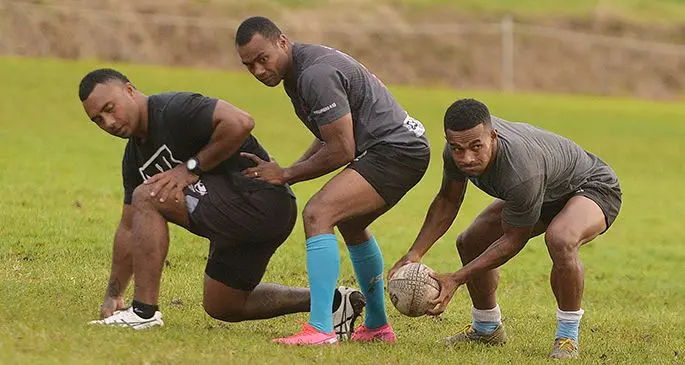 Suva rugby players (left-right) Serupepeli Vularika, Alasio Naduva and Terio Tamani during training at Bidesi Park on August 6, 2020. Suva face Nadi at Prince Charles Park, Nadi, on Saturday. Photo: Ronald Kumar