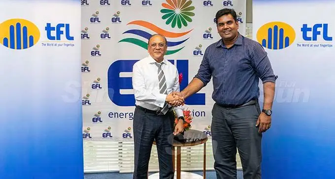 Energy Fiji Limited chief executive officer Hasmukh Patel and Telecom Fiji chief executive officer Charles Goundar at the launch of the Noqu EFL app in Suva on January 12, 2021. Photo: Leon Lord