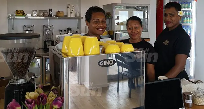 From left: Bulaccino Cafe staff Mereoni Waqanaceva, Litia Tinai Kawai and Joy Vunibaka on October 29, 2019. Photo: Laiseana Nasiga