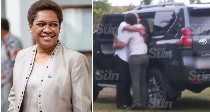 Left: Former Minister for Women, Children and Poverty Alleviation Mereseini Vuniwaqa. Right: Mereseini Vuniwaqa gets cozy with Varinava Tiko at Naitata, Navua, as she changes her vehicle after arriving with him on Tuesday. Photo: Lusiana Tuimaisala. 