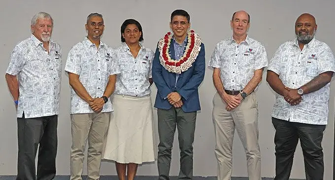 The permanent secretary for Trade, Co-operatives, Micro, Small and Medium Enterprises and Communications, Shaheen Ali (middle in garland), with Construction Industry Council of Fiji president, Gordon Jenkins (far left), and executives during the Construction Industry Council Conference at the Fiji National University Namaka campus in Nadi. Photo: Mereleki Nai