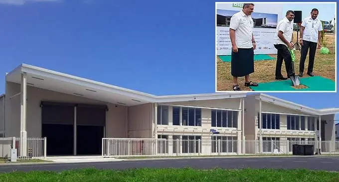 Artesian image of the BSP Voivoi Warehouse,Nadi. Inset: Reserve Bank of Fiji Governor Ariff Ali during the groundbreaking ceremony.