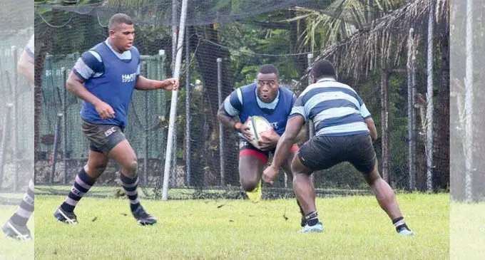 Bustling Fijian Warriors winger Veramu Dikidikilati (with ball) during their training run at Bidesi Park, Suva on March 5, 2018. The young Warriors take on Samoa A on Friday at the ANZ Stadium in Suva. The match kicks-off at 5pm while the Junior Japan v Tonga A clash is at 2.30pm. Photo: Simione Saravanua.