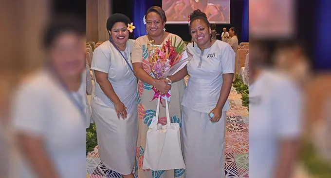 From left: Tourism Fiji destination experience executive Ilisapeci Gule, masi artist Wati Talavutu and TF Global Marketing Specialist Ana Bakaniceva after the launch of the new logo this week. Photo: Waisea Nasokia