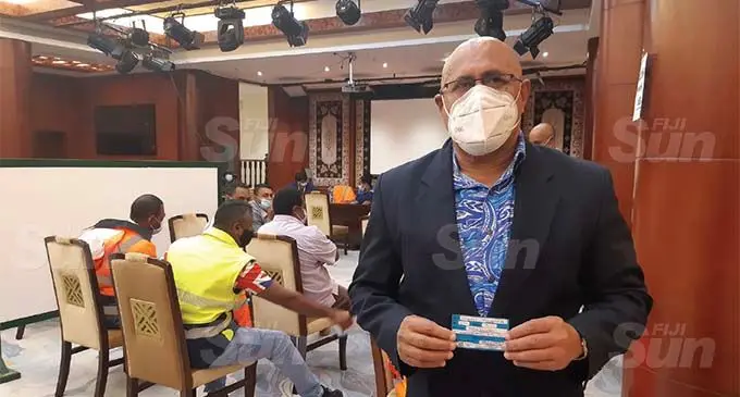 Suva and Lami special administrator Isikeli Tikoduadua with staff members of the Suva City Council received their second dose of AstraZeneca Vaccine on August 16, 2021. Photo: Shalveen Chand