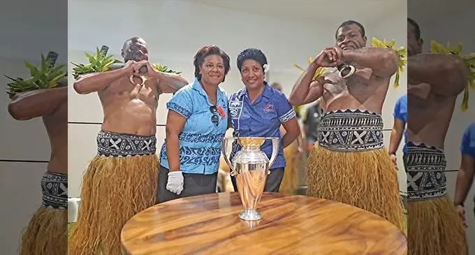 Women’s Rugby World Cup Trophy is here....Fiji Rugby Union women’s development officer Vela Naucukidi (second from left) and Mere Gee at Nadi International Airport on September 12, 2022. Photo: Waisea Nasokia.