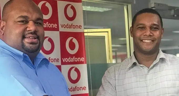 From left: Vodafone Fiji sponsorship manager Adriu Vakarau and Fiji Swimming general manager David Dugu at the Vodafone headquarters in Tamavua, Suva on May 8, 2019.  Photo: Anasilini Natoga