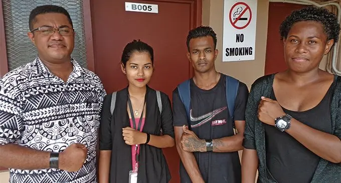 From left: President of the University of Fiji Students Association Ratu Sailosi Raimoqe Dawai, and fellow students Achal Chand, Praneel Nand and Elizabeth Bola on February 20, 2019. Photo: Rohit Kumar