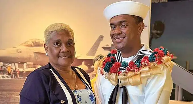 Aviation Boatswain’s Mate (ABM) officer Freddy Tora with his mother Miriama Rokovui.