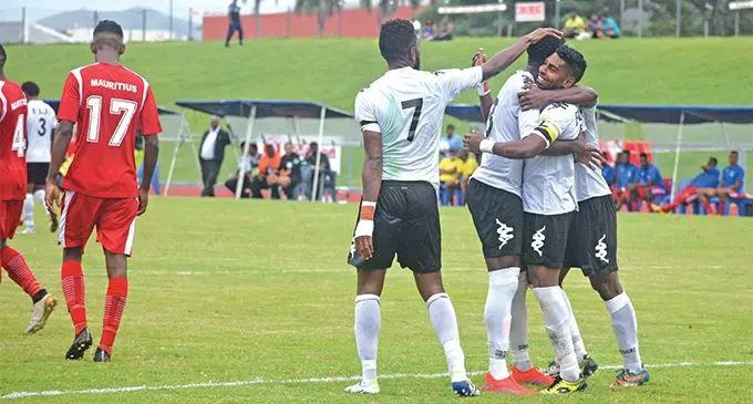 Vodafone Fiji’s Roy Krishna in celebration mode with his teammates during the FIFA International Friendly at Churchill Park, Lautoka, against Mauritius on March 24, 2019. Photo: Waisea Nasokia