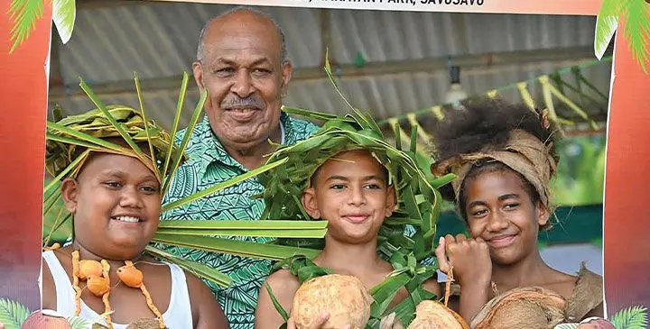 Minister for iTaukei Affairs Ifereimi Vasu with the students gathered for National Coconut Day celebration in Savusavu on April 10, 2025. Photo: Ministry of Agriculture